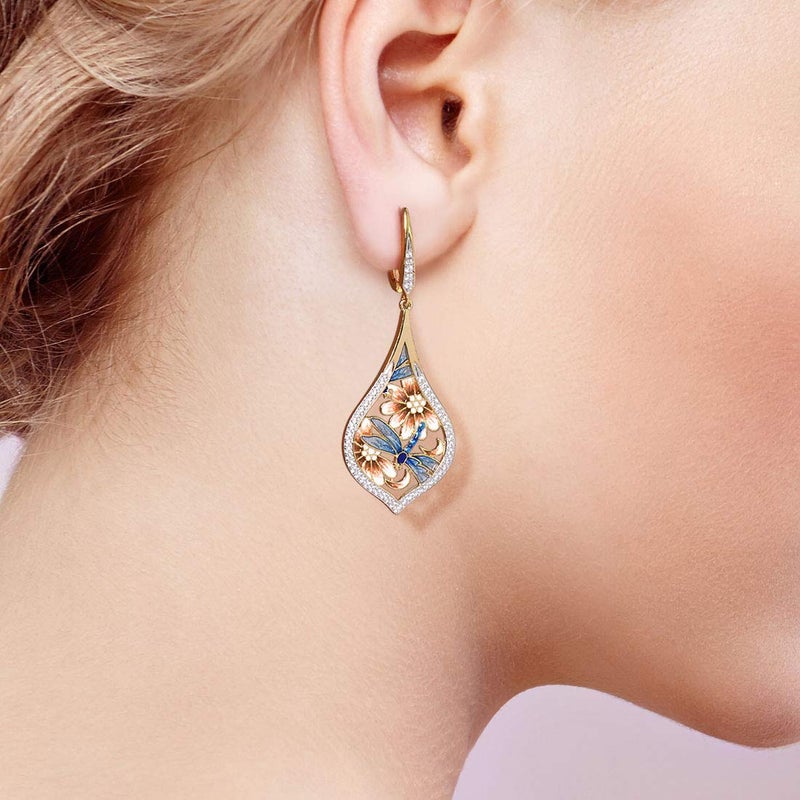 Santuzza Dragonfly Earrings Enamel Flower Cubic Zirconia 14K Gold Plated Sterling Silver Drop Earrings for Women - Image 4